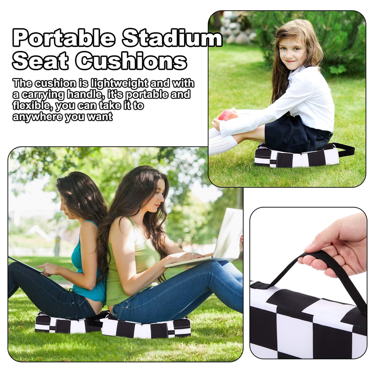 2 Pcs Extra Thick Portable Water-Repellent Stadium Seat Cushions with Handle P77133