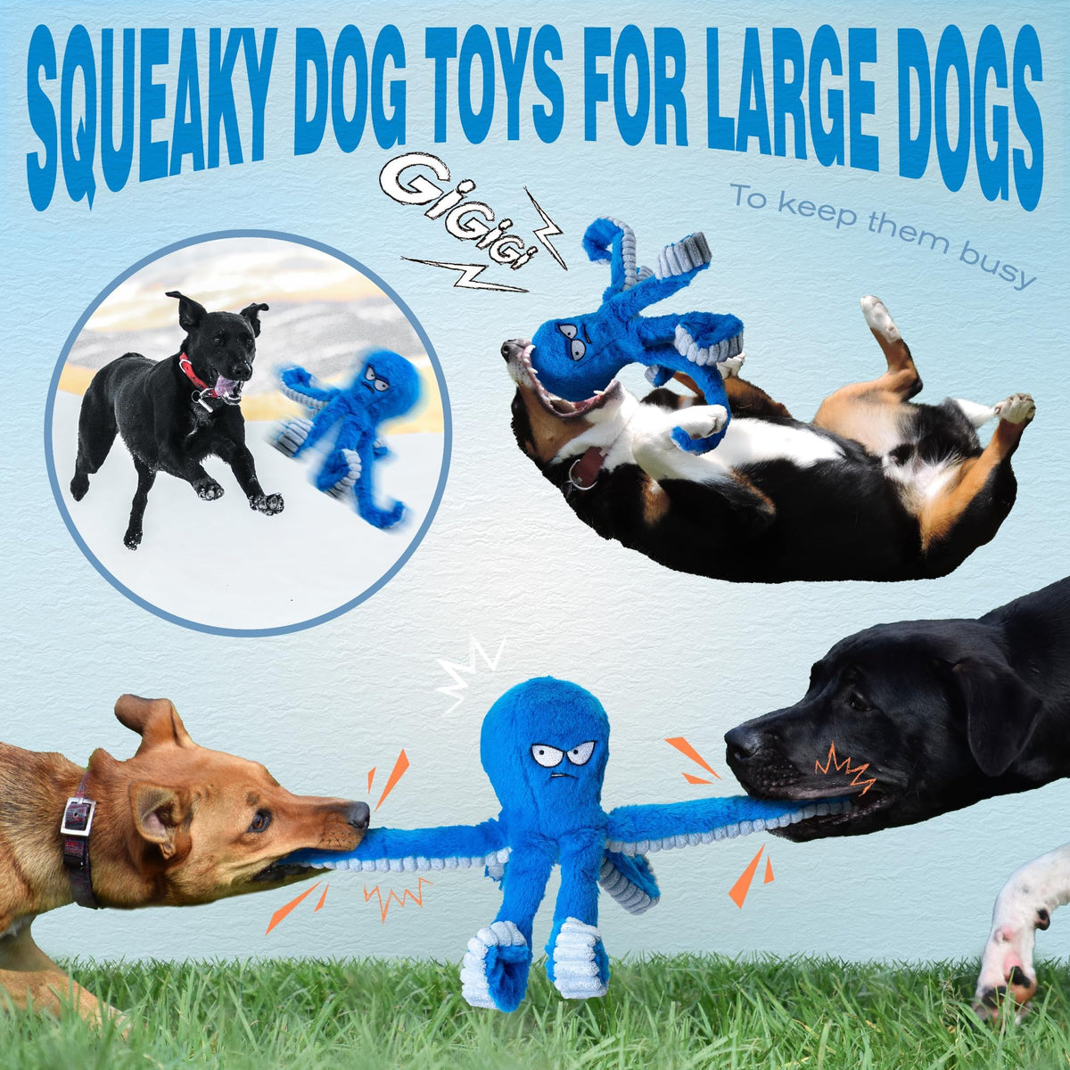 Stuffed Squeaky Crinkle Blue Octopus Dog Toy W401