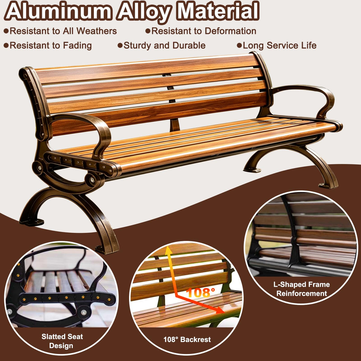 70" Aluminum Alloy Outdoor Bench with Armrest G507602
