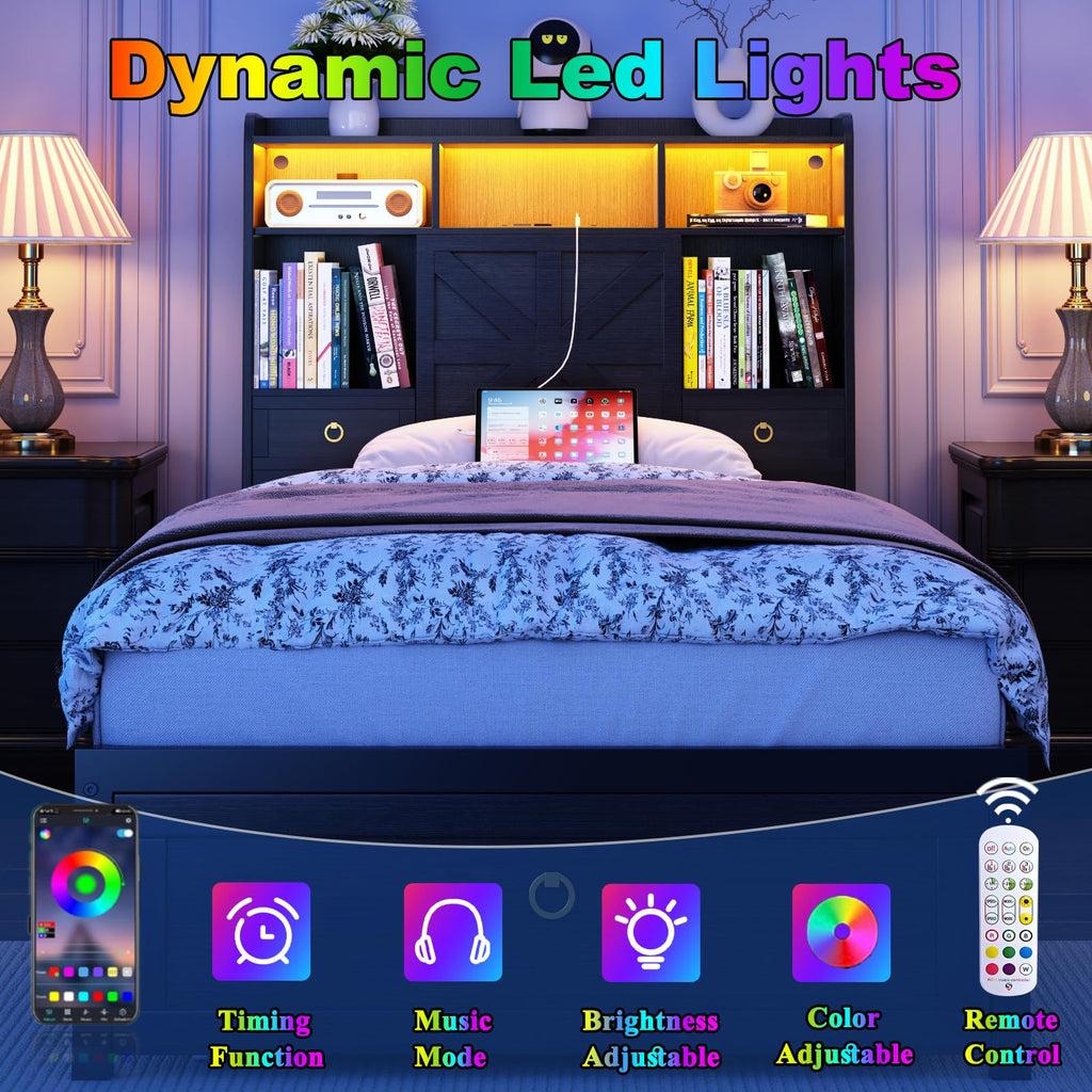 Black Twin Bed Frame with Storage Headboard and Drawers P7578