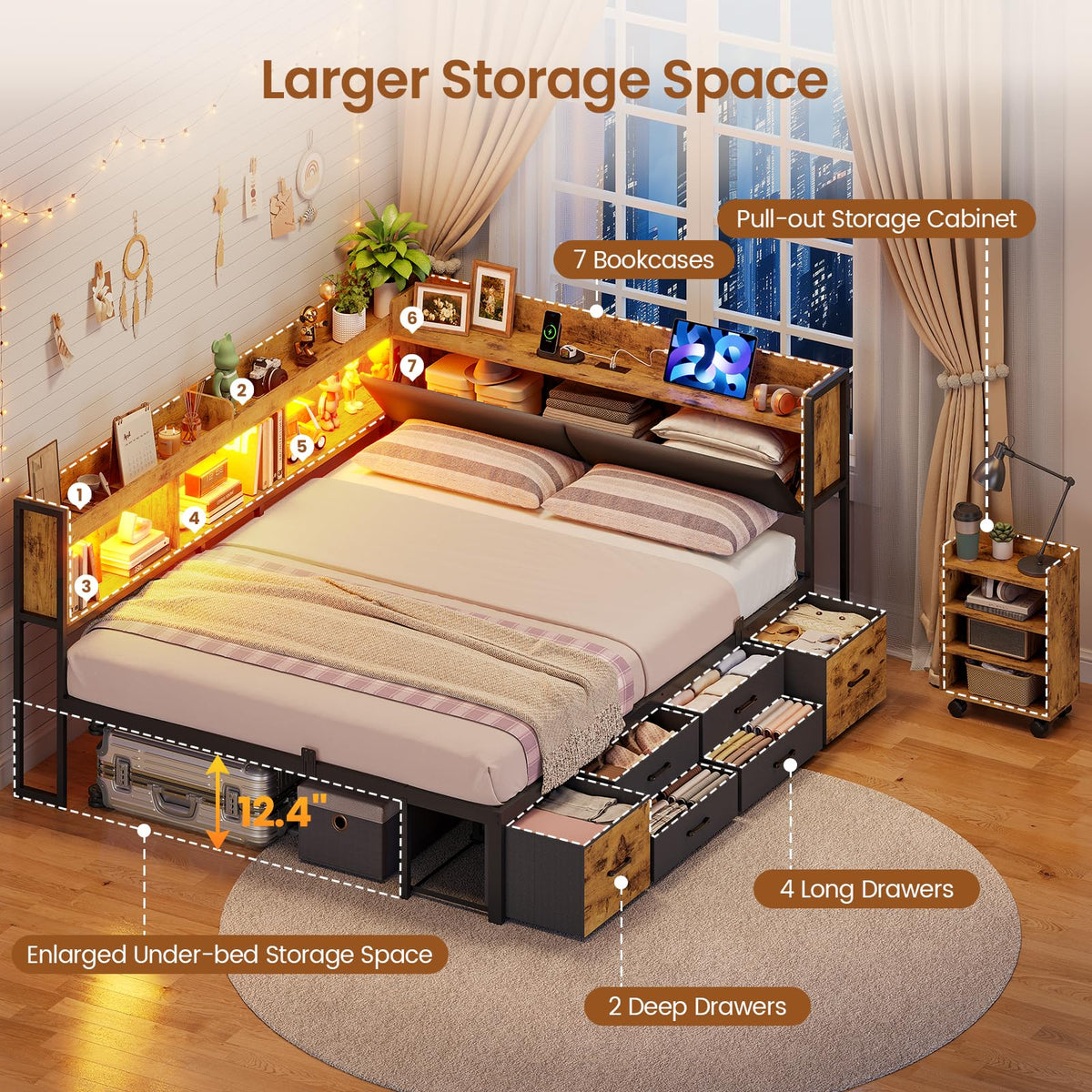 Full Corner Bed Frame with Bookcase Hidden Storage Pull-Out Cabinet Charging Station P678