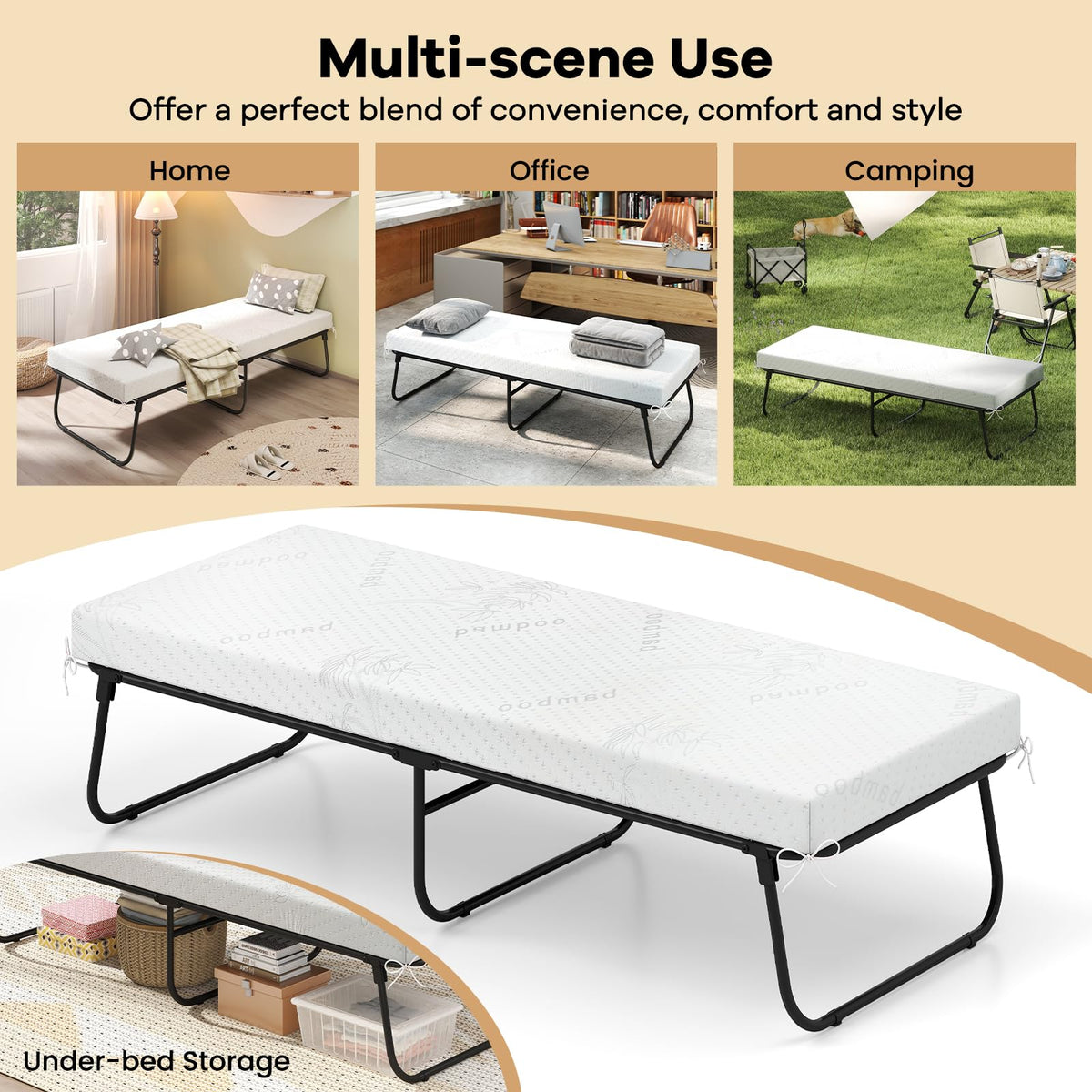 Folding Bed with Mattress Memory Foam Metal Frame F190
