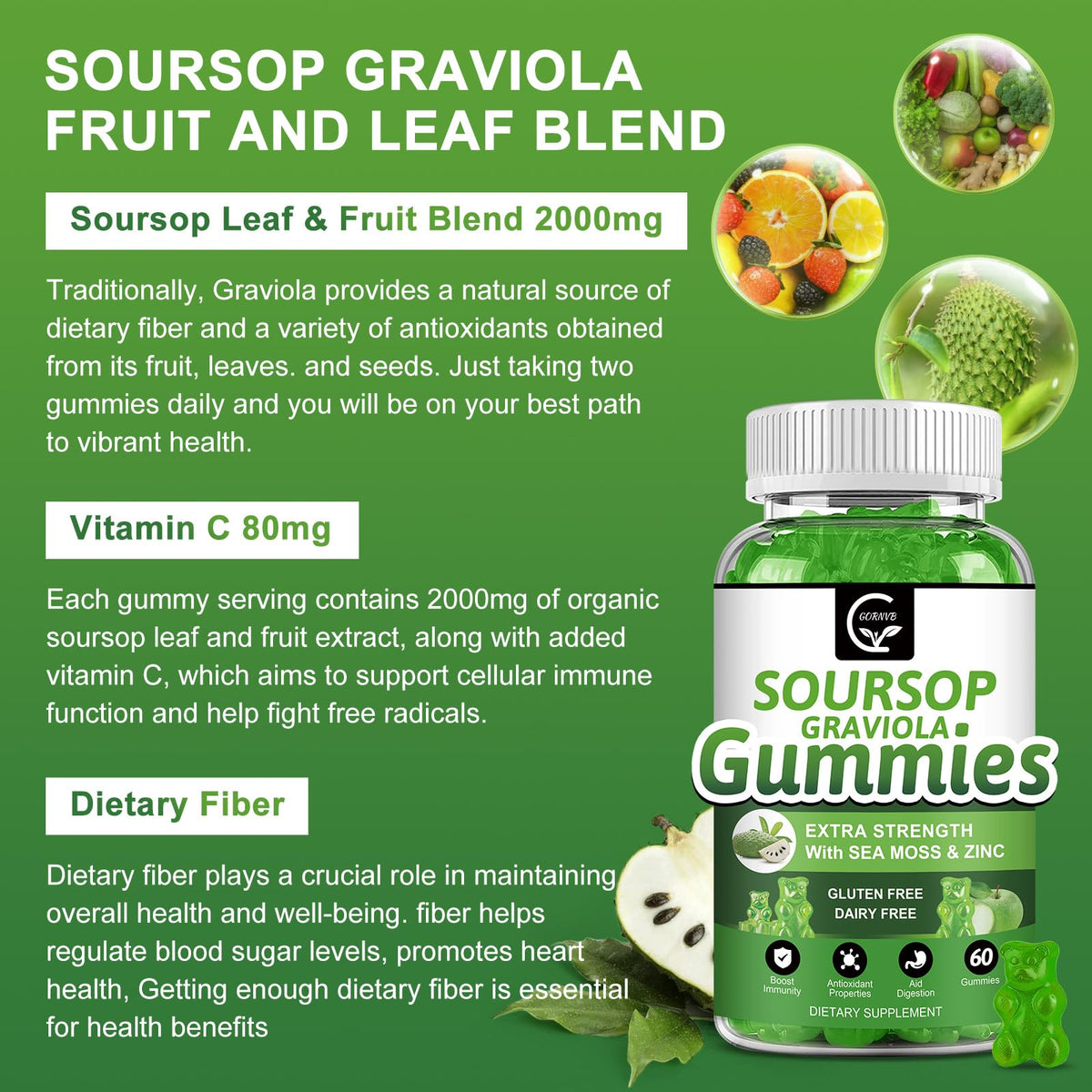 Organic Soursop Graviola Gummies 2200mg with Sea Moss Zinc Vitamin C 60 Gummies Y852871