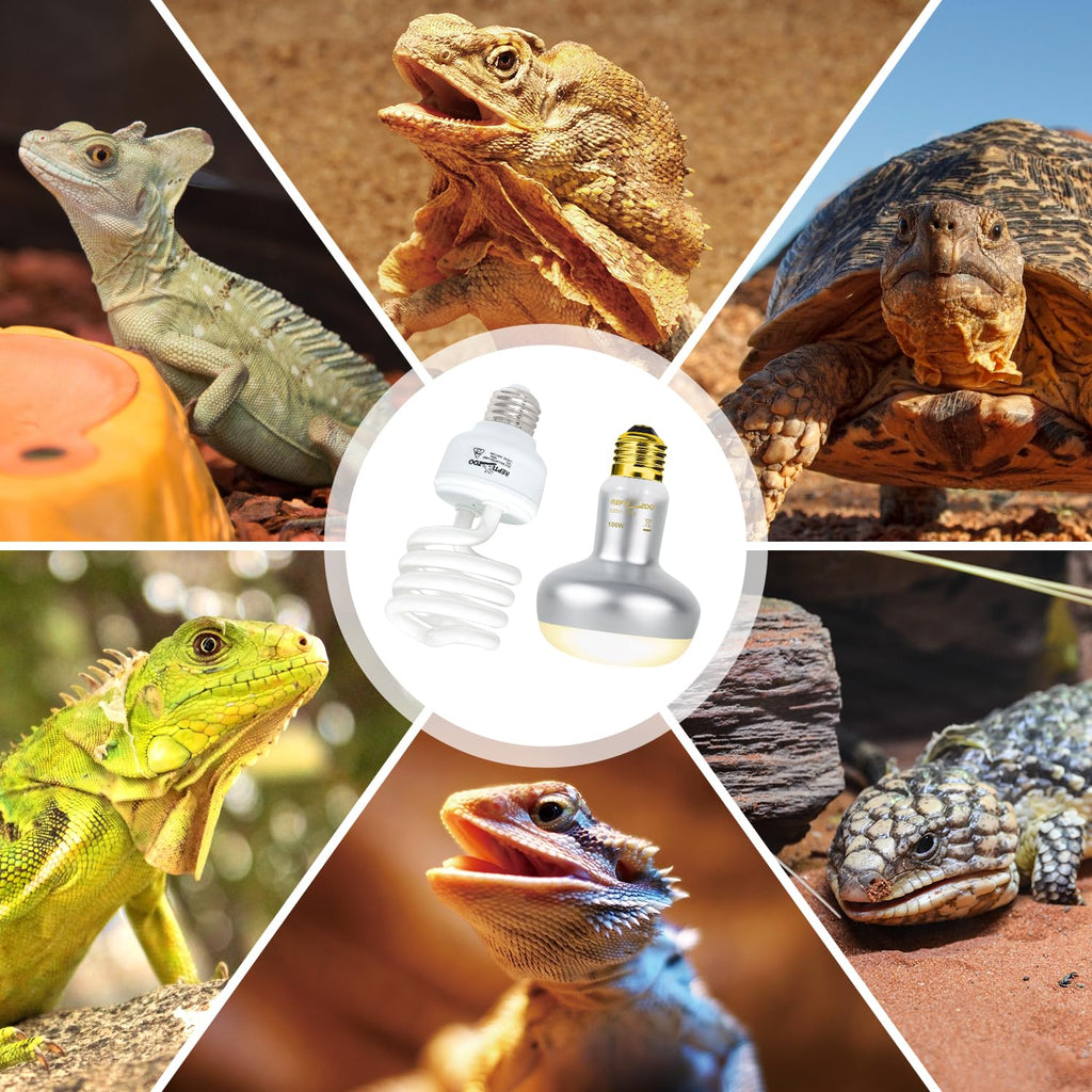 Reptile Heat Lamp Combo Pack with Dual Light Fixture, 100W Basking Spot Light & 26W UVA UVB Bulb O669779