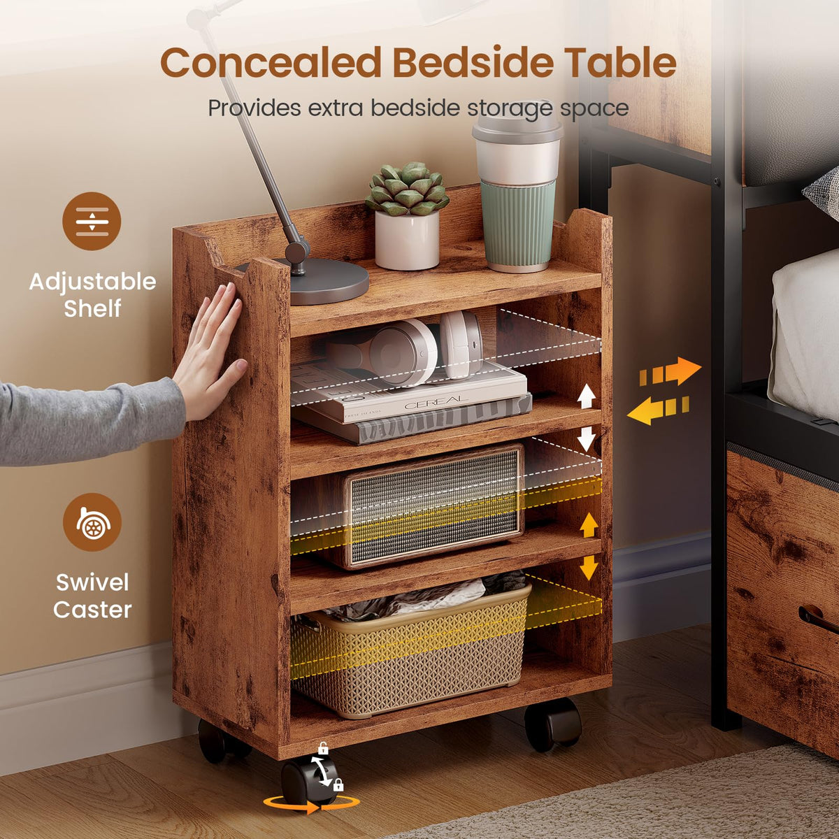 Full Corner Bed Frame with Bookcase Hidden Storage Pull-Out Cabinet Charging Station P678