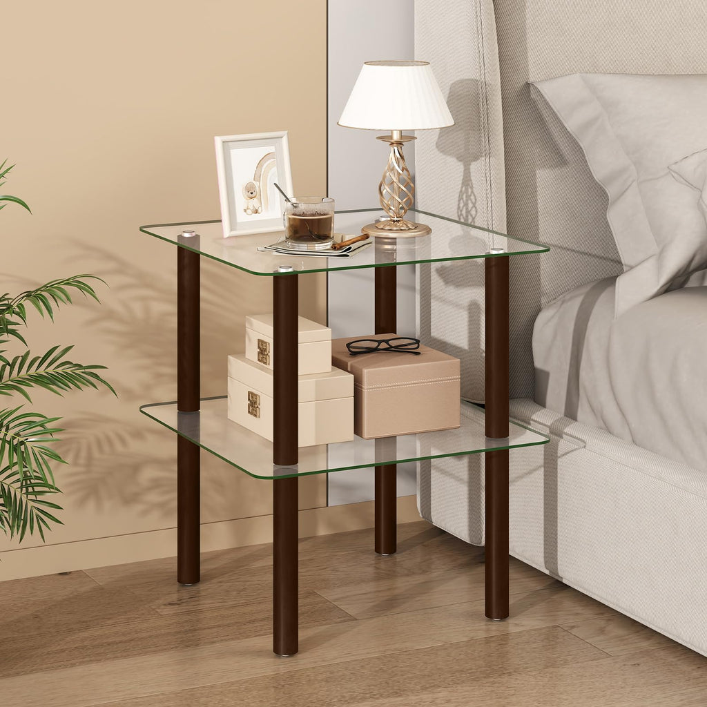 Square End Table Set of 2, 2-Tier Glass Top Sofa Side Table Y766127