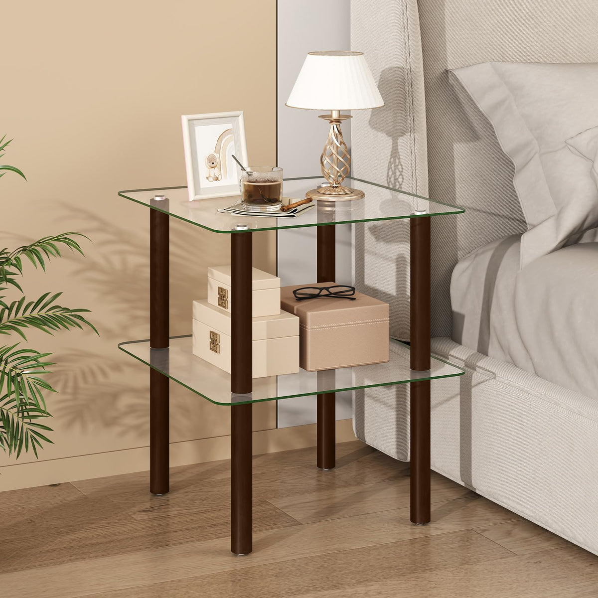 Square End Table Set of 2, 2-Tier Glass Top Sofa Side Table Y766127