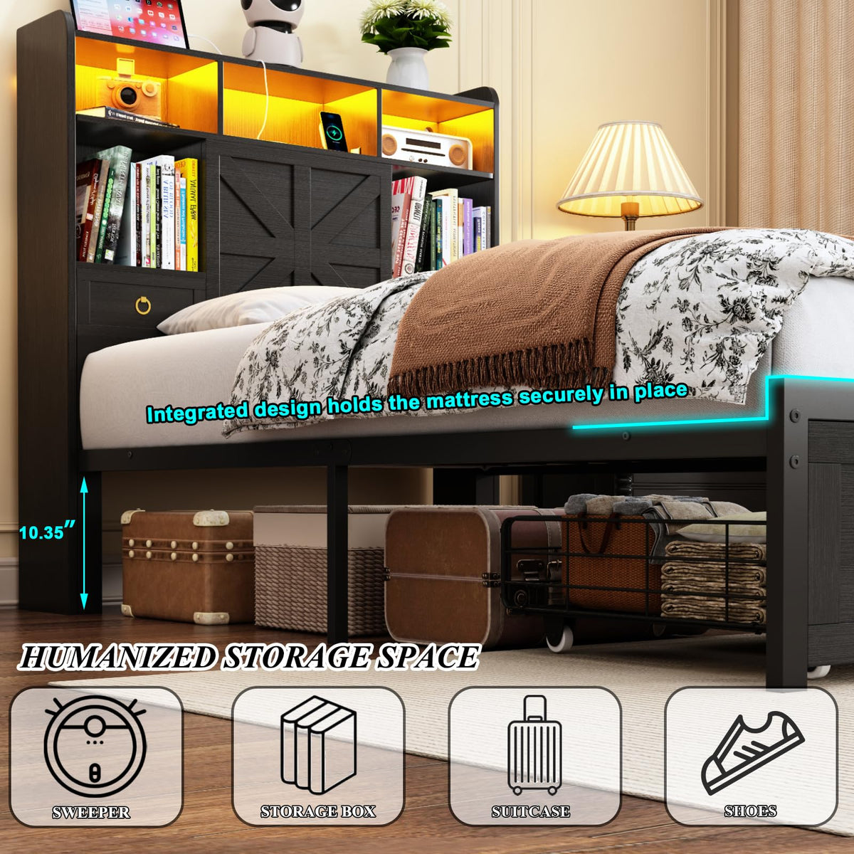 Black Twin Bed Frame with Storage Headboard and Drawers P7578