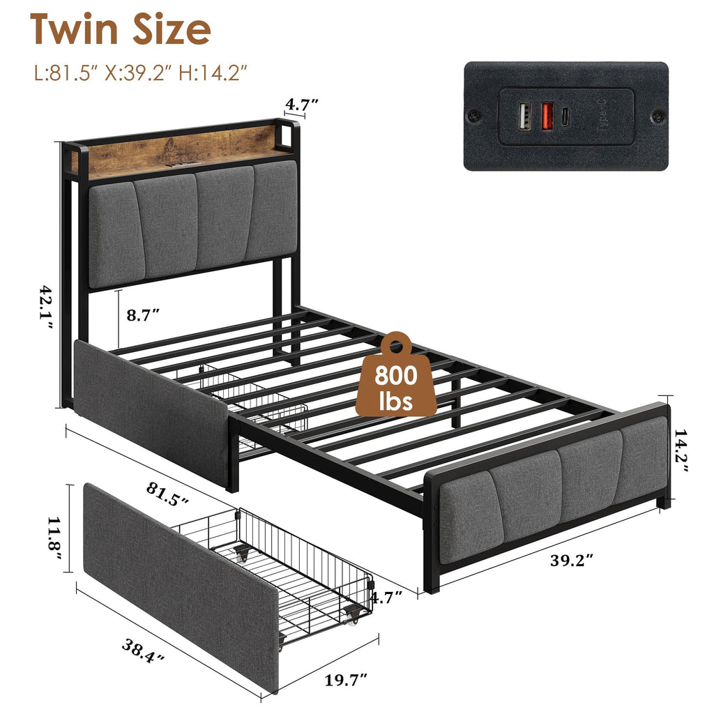 Gray Twin Size Bed Frame with 2 Drawers U94094