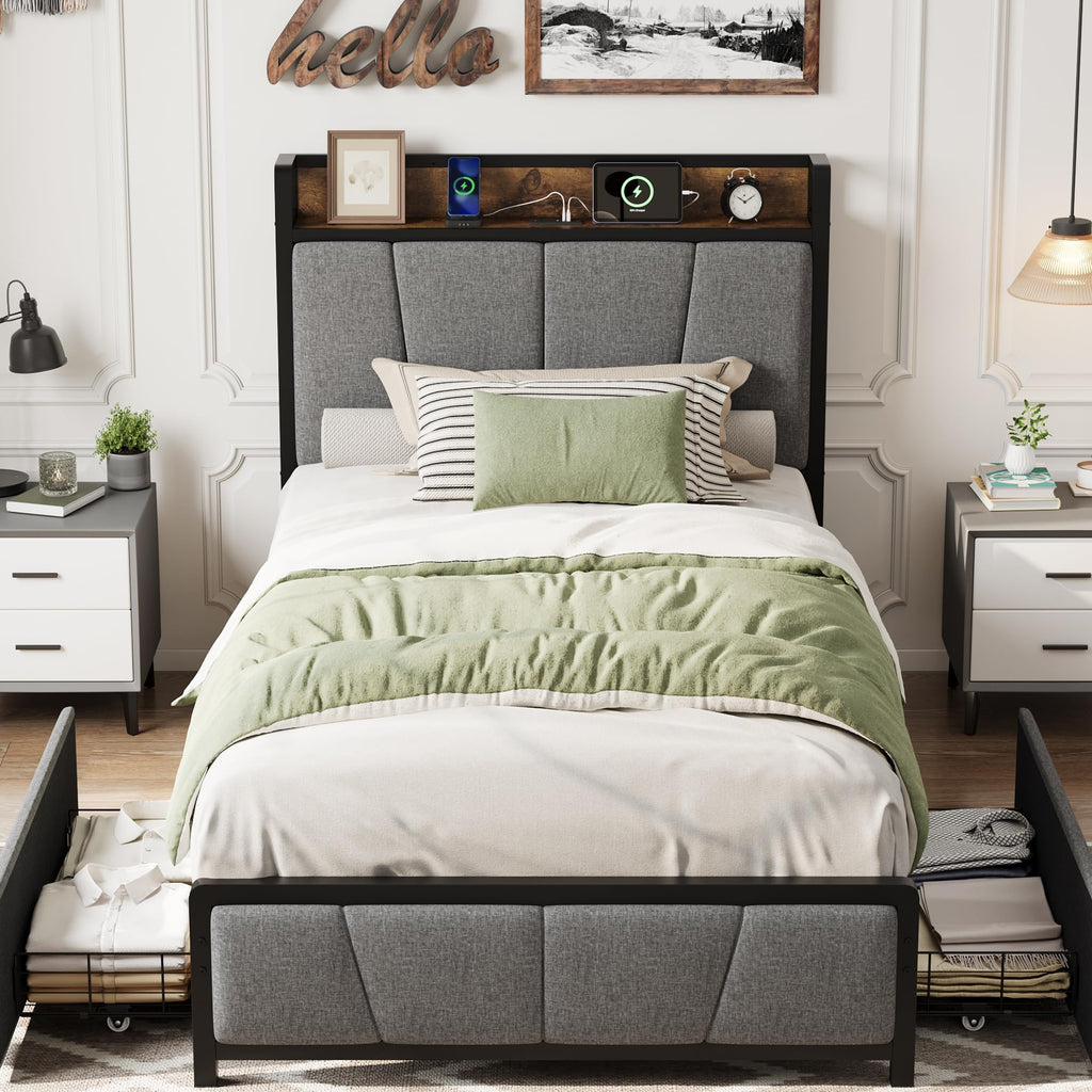 Gray Twin Size Bed Frame with 2 Drawers U94094