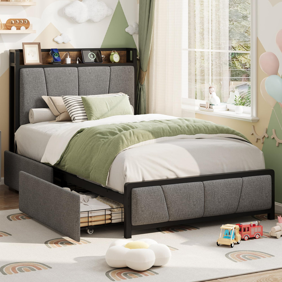 Gray Twin Size Bed Frame with 2 Drawers U94094