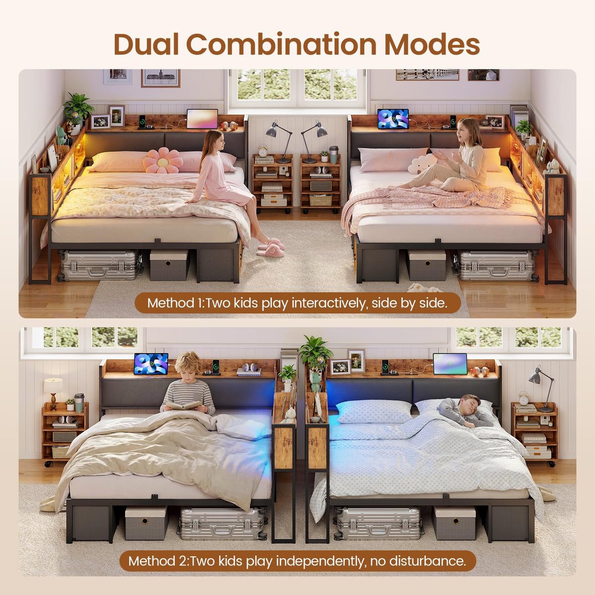 Full Corner Bed Frame with Bookcase Hidden Storage Pull-Out Cabinet Charging Station P678