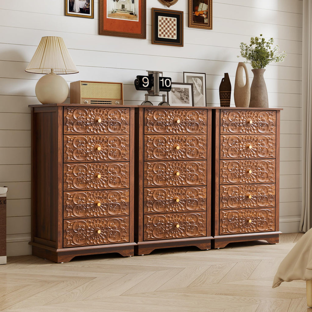 5 Drawer Narrow Wooden Dresser with Gold Handles N829