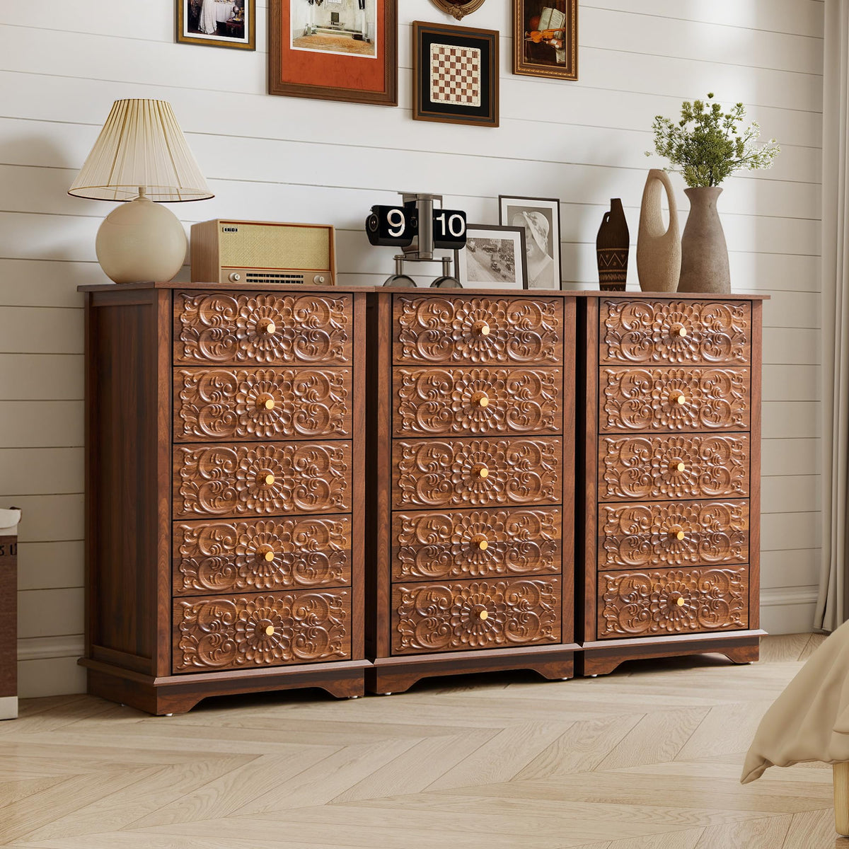 5 Drawer Narrow Wooden Dresser with Gold Handles N829