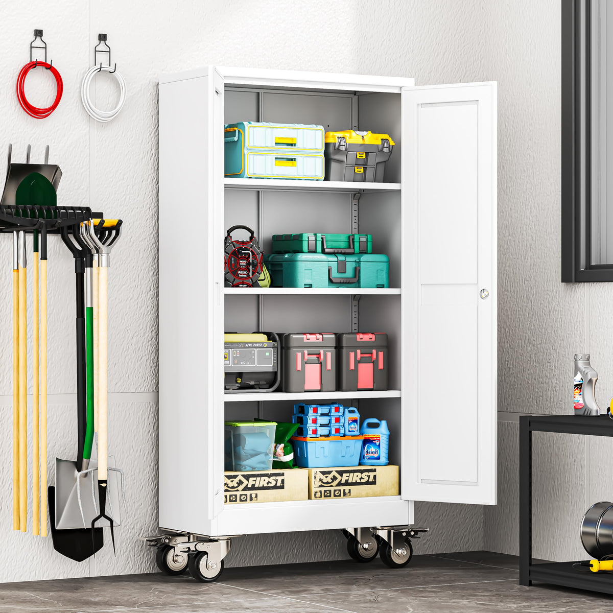 61" Metal Rolling Storage Cabinet with 2 Doors and Wheels O5184