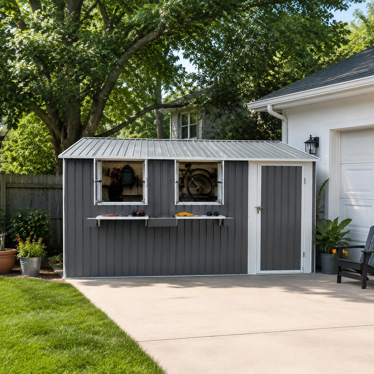 12x10 FT Grey Metal Storage Shed with Clear Windows S9661