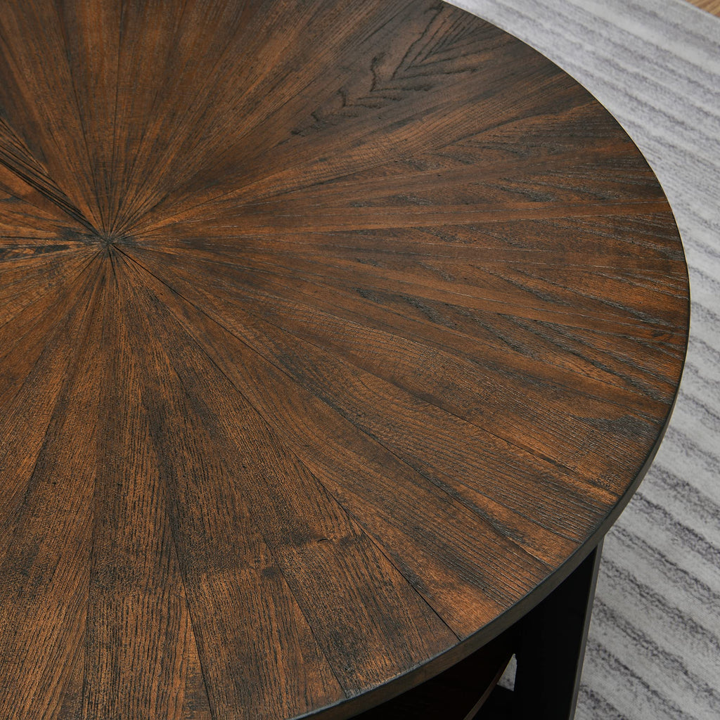 Round Coffee Table with Storage Shelf, Black Metal Legs, 35.3''D x 17.8''H R586