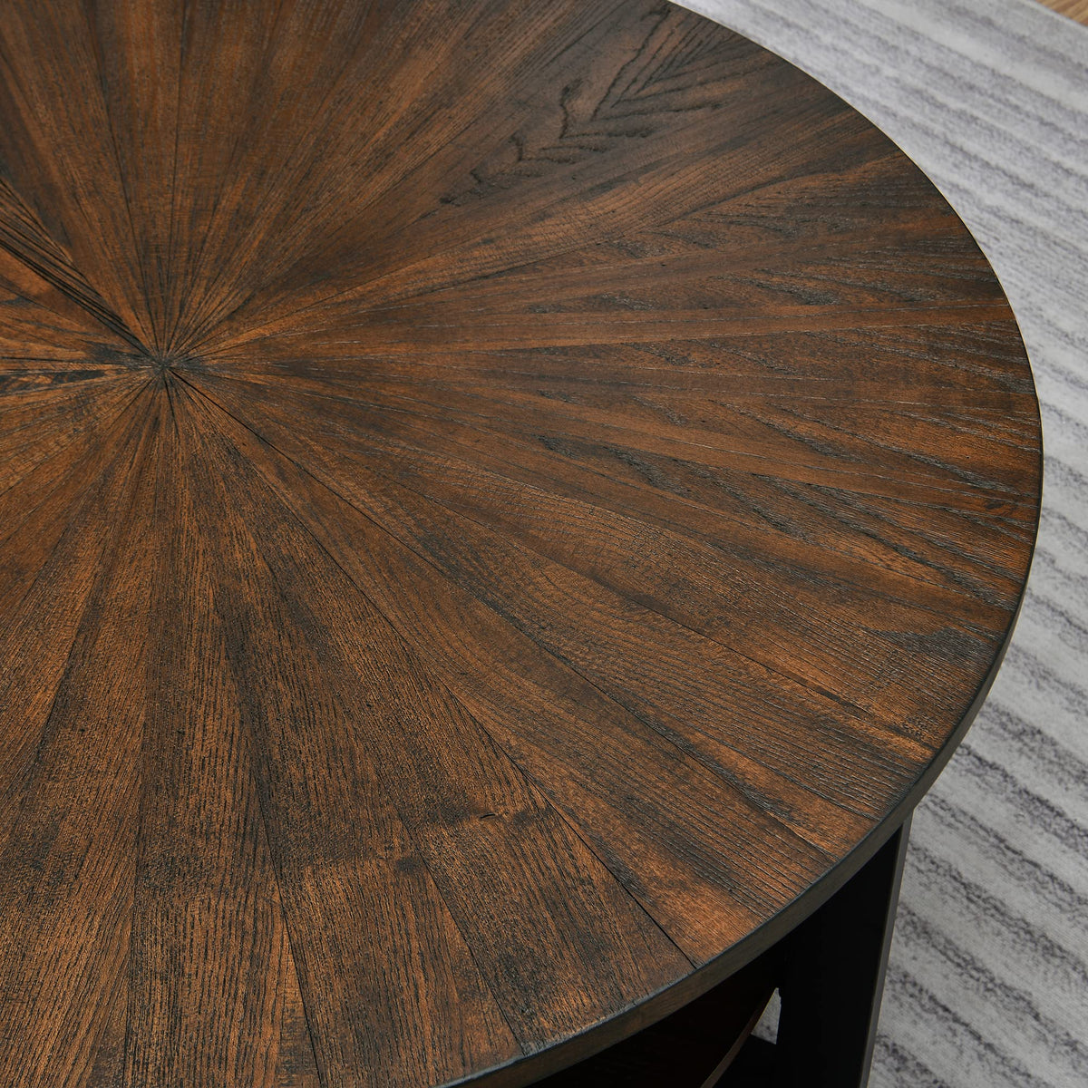 Round Coffee Table with Storage Shelf, Black Metal Legs, 35.3''D x 17.8''H R586
