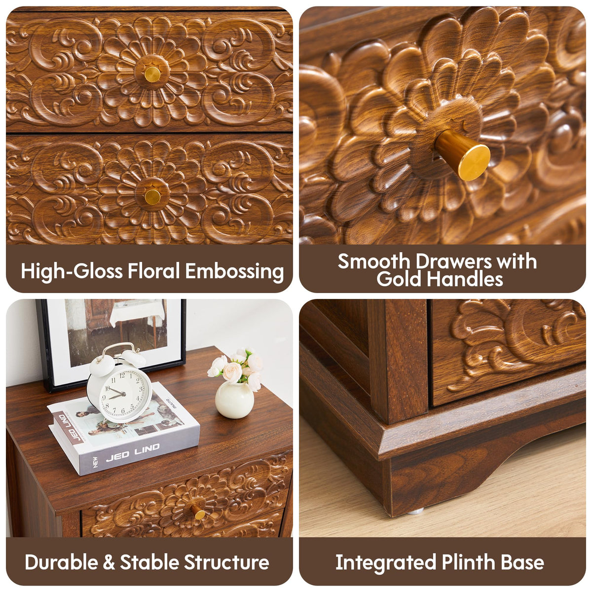 5 Drawer Narrow Wooden Dresser with Gold Handles N829