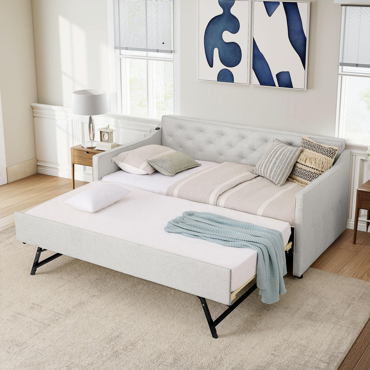 Beige Fabric Upholstered Twin Size Daybed with Pop up Trundle Q925