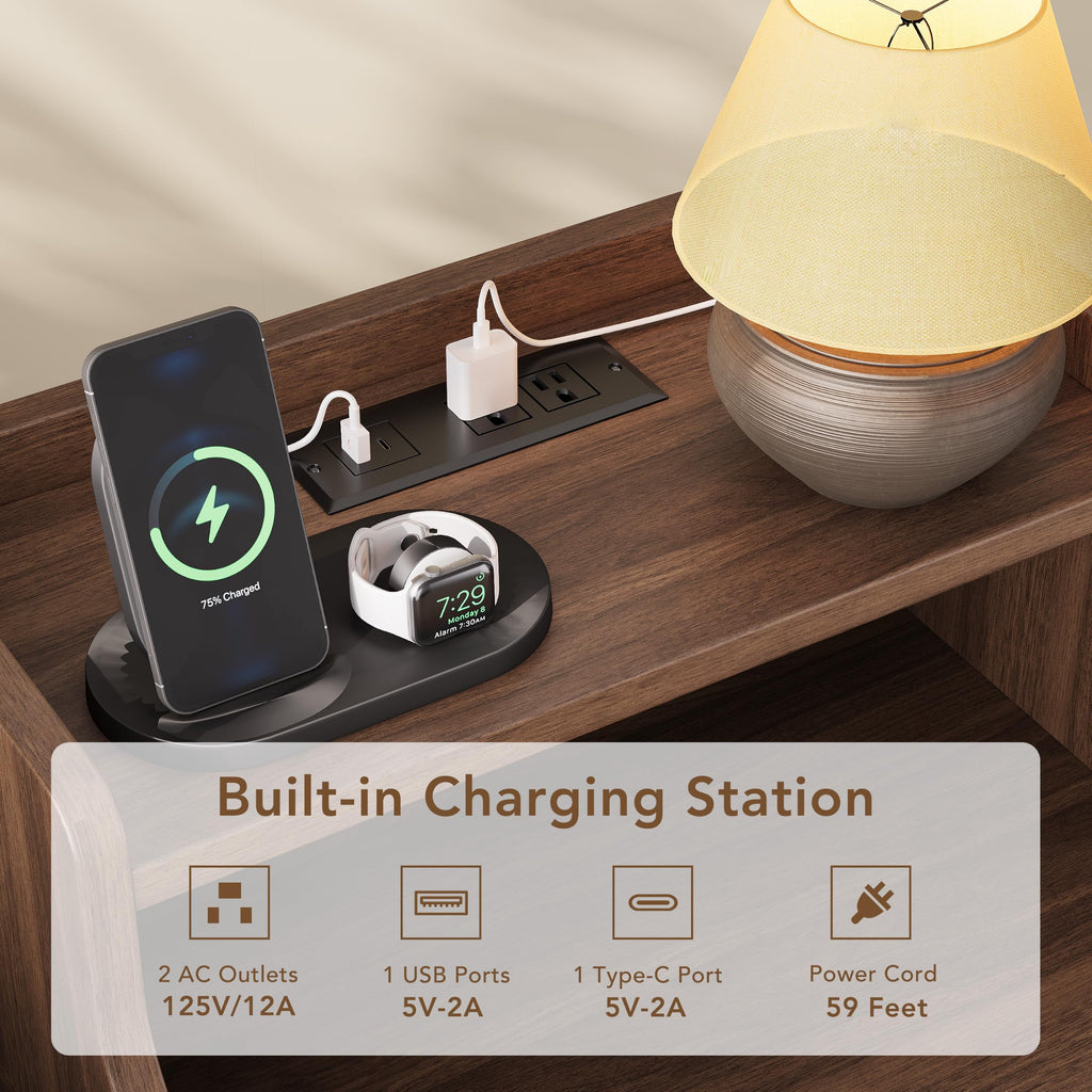 Mid Century Modern Nightstand Set of 2 with Charging Station Y97779