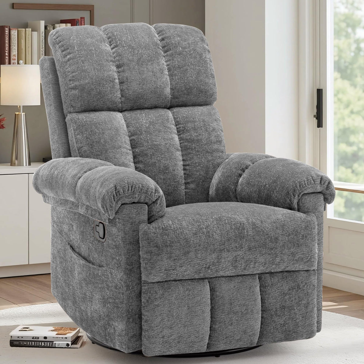 Grey Chenille Swivel Rocker Recliner Chair Z578