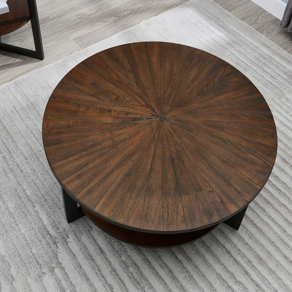 Round Coffee Table with Storage Shelf, Black Metal Legs, 35.3''D x 17.8''H R586