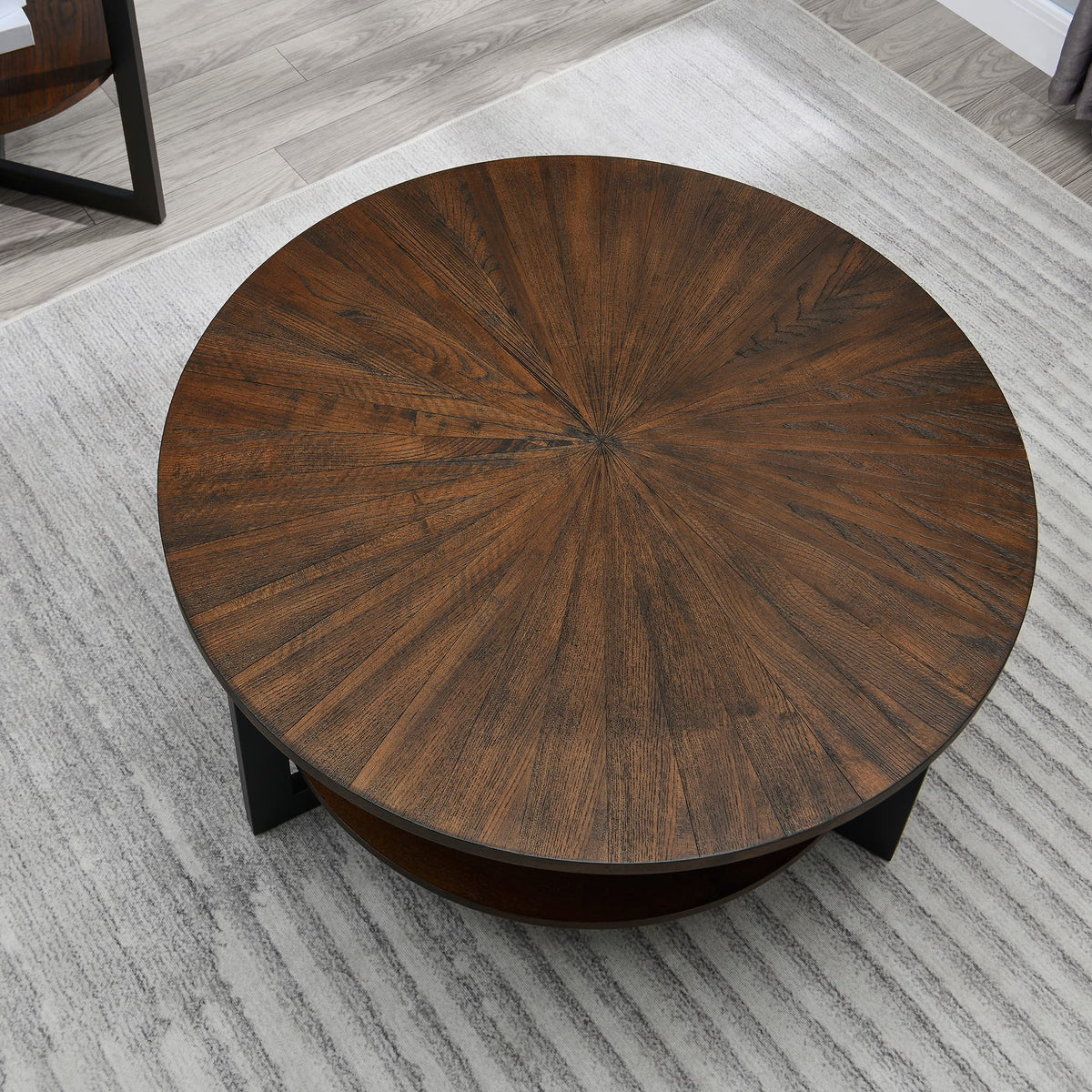 Round Coffee Table with Storage Shelf, Black Metal Legs, 35.3''D x 17.8''H R586